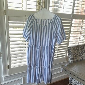 beachlunchlounge women’s tiered Dress in Blue and White Stripe linen size s